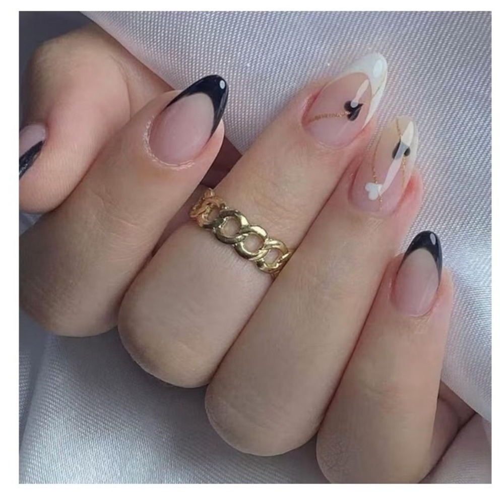 Maigitur French Tip Press on Nails Medium Almond Black White Heart Design 24pc